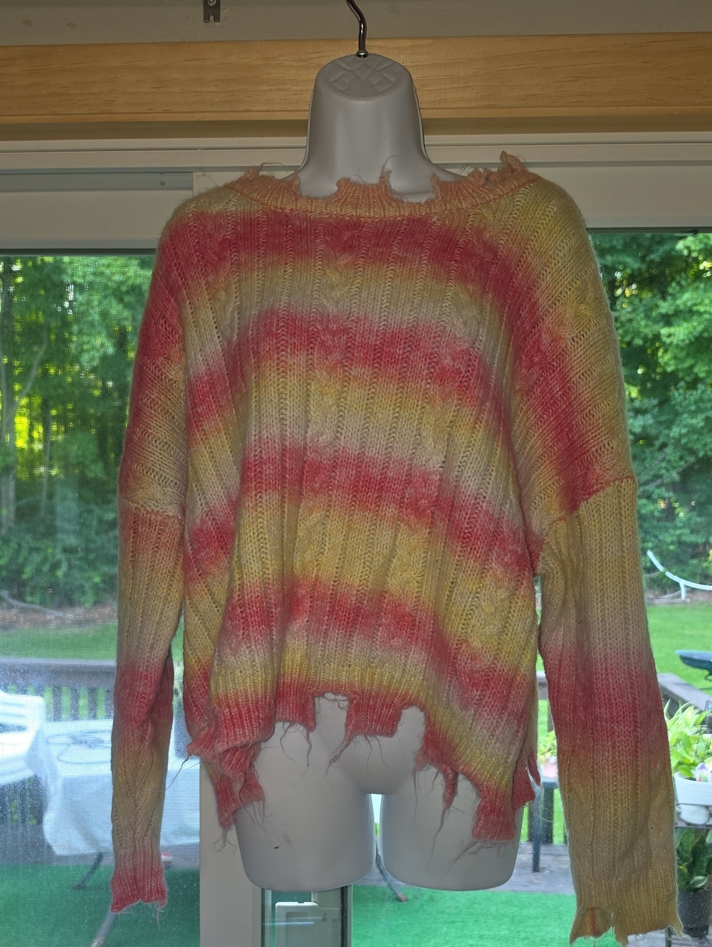 POL Distressed Tie-Dye Crew Sweater in Pink & Yellow